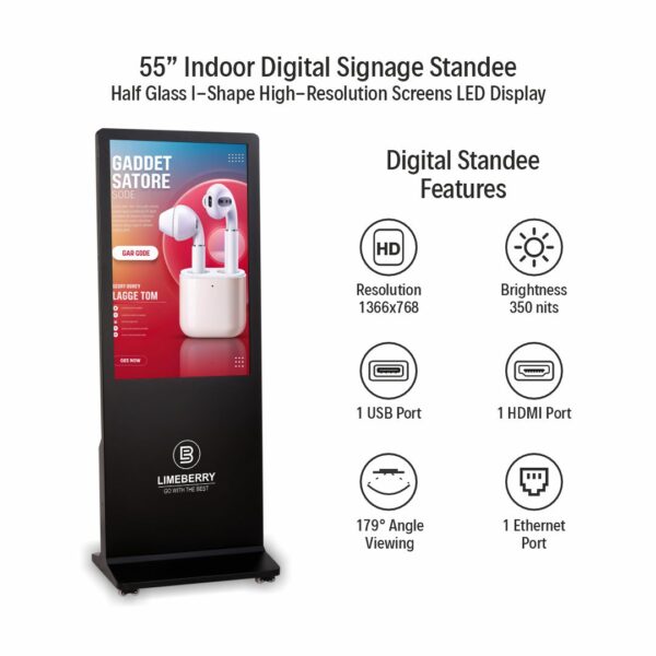 55 Inch Indoor Digital Signage Standee Half Glass I-Shape 4K Ultra HD Resolution Screens Led Display (LB551-IUH) - Image 2