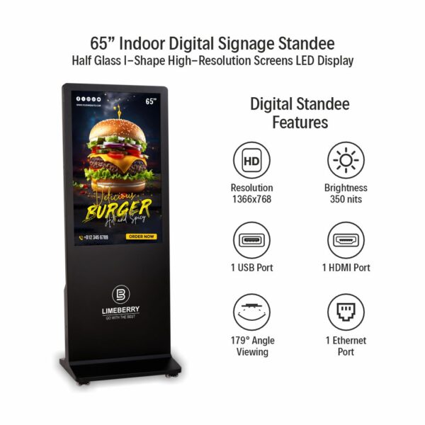 65 Inch Indoor Digital Signage Standee Half Glass I-Shape 4K Ultra HD Resolution Screens Led Display (SP651-IUH) - Image 2